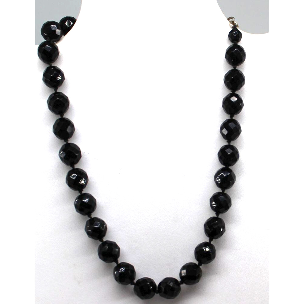 Mid Century Black Onyx Bead Choker Necklace 15" 3" Extender Knotted